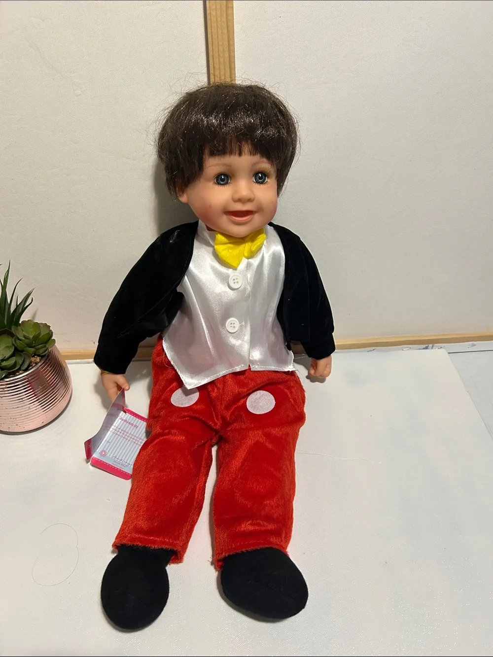 Plush Boy Doll in Red Pants with Yellow Bow - Kids Toys